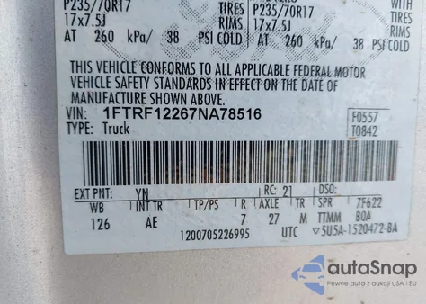 2007 Ford F-150 Stx/Xl/Xlt z USA, uszkodzony, nr VIN 1FTRF12267NA78516